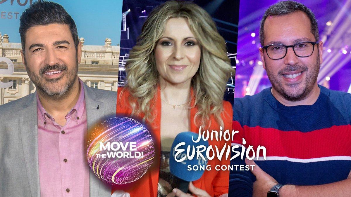 Tony Aguilar, Eva Mora y Víctor Escudero, comentaristas de Eurovision Junior 2020 en TVE.