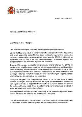 Carta de presentación de Nadia Calviño a la presidencia del Eurogrupo.
