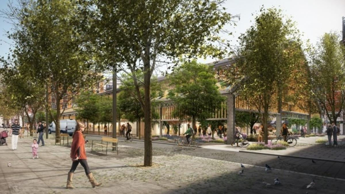 Render que muestra cómo quedará el nuevo mercado de la Abaceria, situado en el barrio de Gràcia de Barcelona