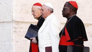  El papa Francisco (c), el decano del colegio cardenalicio, Angelo Sodano (i), y el cardenal Laurent Monsengwo Pasinya (d).