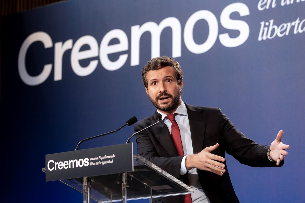 El líder del PP, Pablo Casado, durante su intervención en la mesa redonda ’Unidad nacional y Estado autonómico frente al nacionalismo’, el pasado 31 de agosto de 2021 en Barcelona. El líder del PP, Pablo Casado, durante su intervención en la mesa redonda ’Unidad nacional y Estado autonómico frente al nacionalismo’, el pasado 31 de agosto de 2021 en Barcelona.