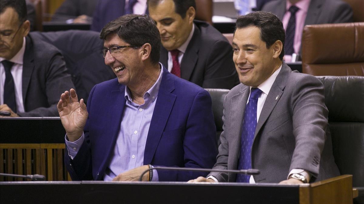 El presidente andaluz, Juanma Moreno (PP), y el vicepresidente, Juan Marín (Cs) El presidente andaluz, Juanma Moreno (PP), y el vicepresidente, Juan Marín (Cs)