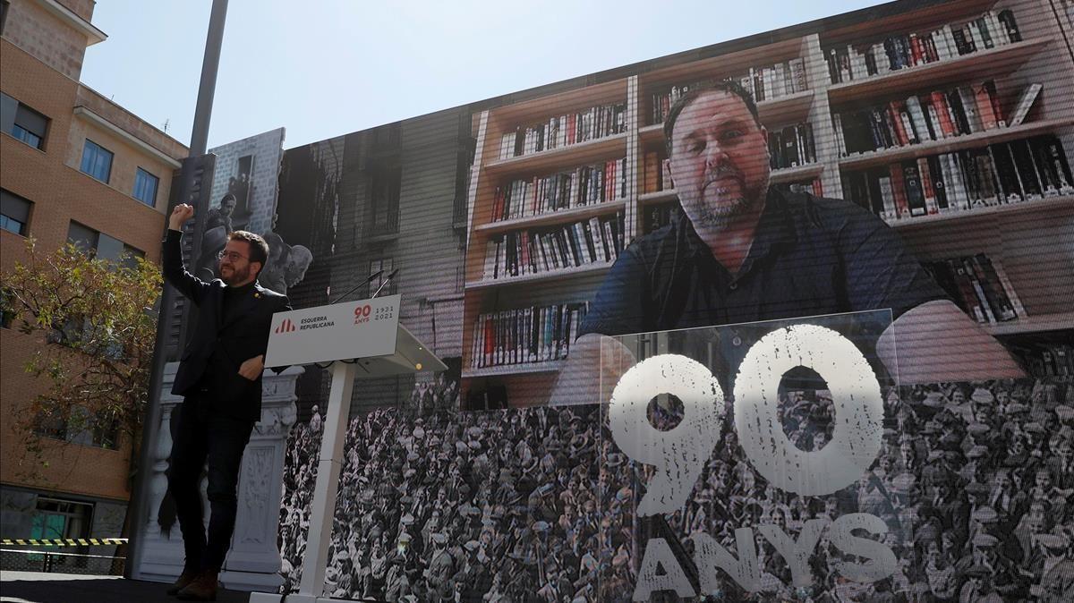 Pere Aragonès y Oriol Junqueras, en videoconferencia desde la prisión, durante el acto de celebración del 90º aniversario de la fundación de ERC. 