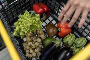 Frutas y verduras en una cesta de la compra.