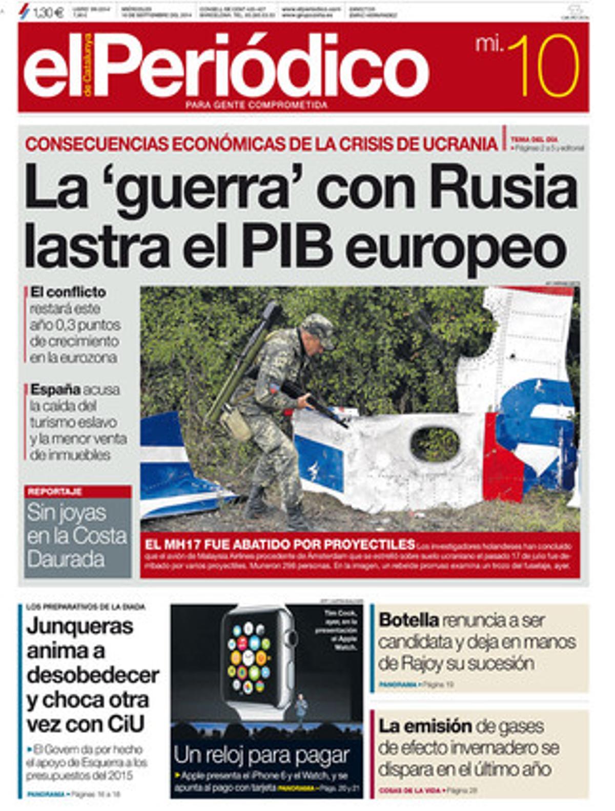 "La 'guerra' con Rusia lastra el PIB europeo", en la portadaEPC