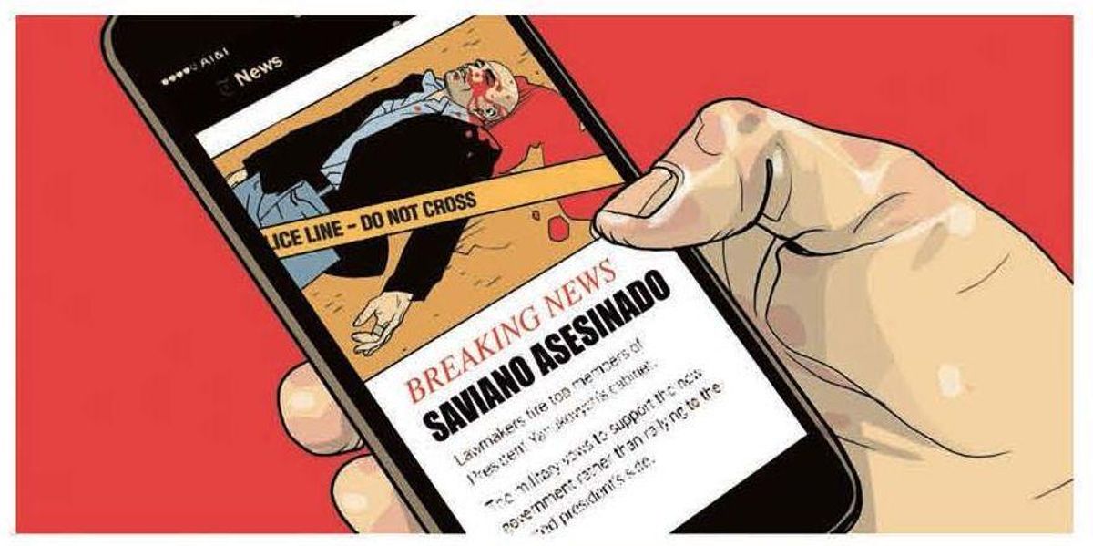 Viñeta de ’Todavía estoy vivo’, de Roberto Saviano y Asaf Hanuka. Viñeta de ’Todavía estoy vivo’, de Roberto Saviano y Asaf Hanuka.