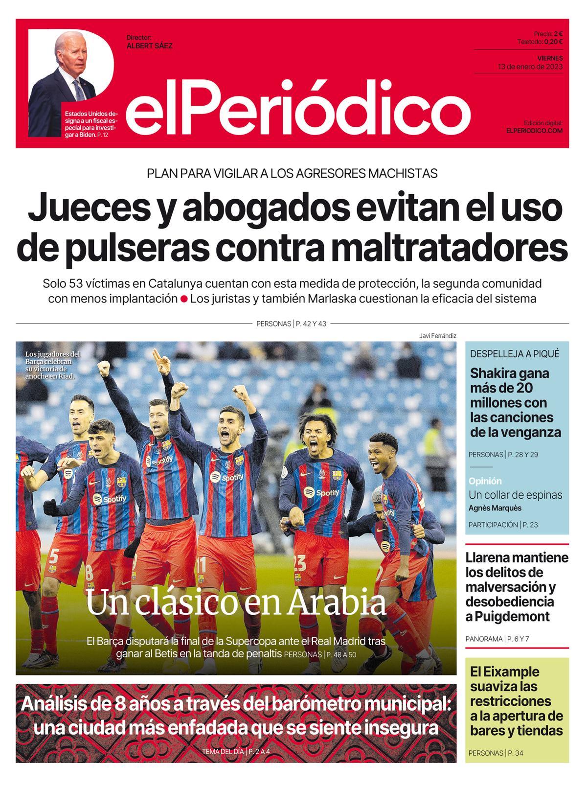 La portada d’EL PERIÓDICO del 13 de gener del 2023