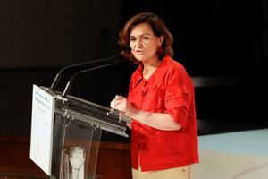 La vicepresidenta primera del Gobierno, Carmen Calvo, asiste a la entrega de los XXXVIII Premios Internacionales de Periodismo Rey de España, este 9 de junio de 2021 en Madrid. 