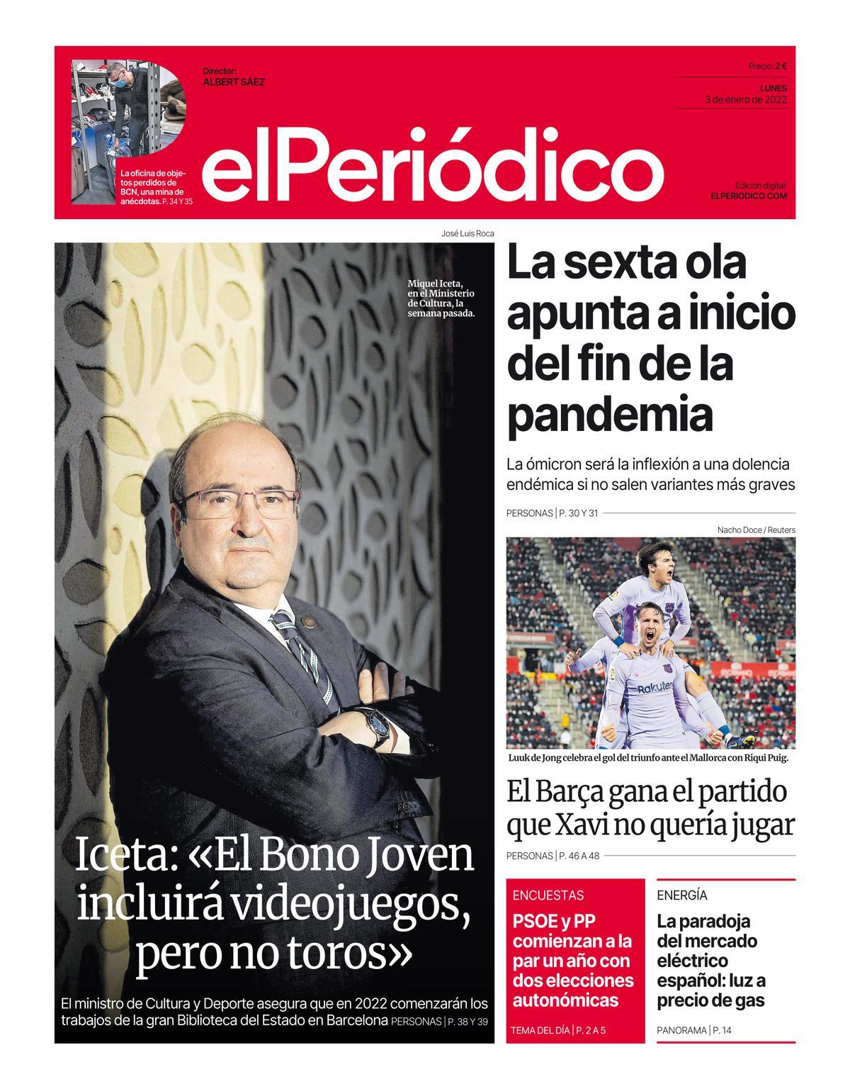 La portada de EL PERIÓDICO del 3 de enero de 2022.