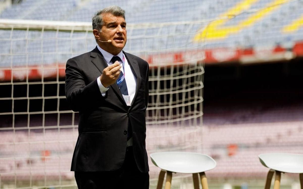 Laporta, en el Camp Nou durante la presentación de la nueva estructura ejecutiva del club. Laporta, en el Camp Nou durante la presentación de la nueva estructura ejecutiva del club.