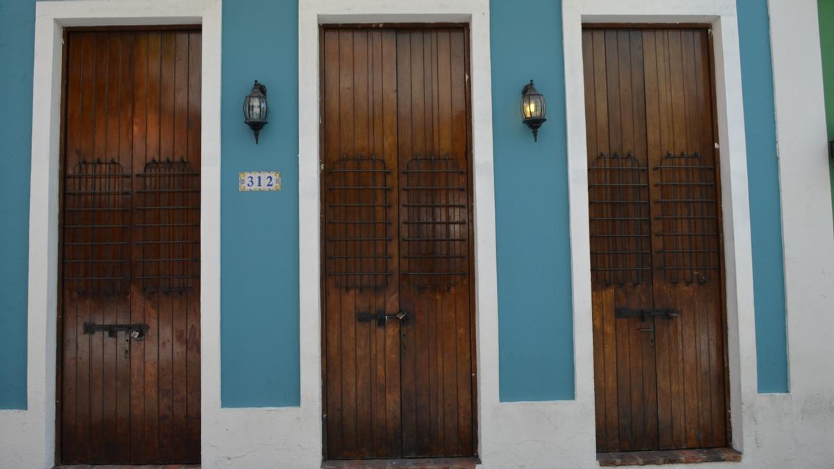 Puertas de madera contiguas en una calle.