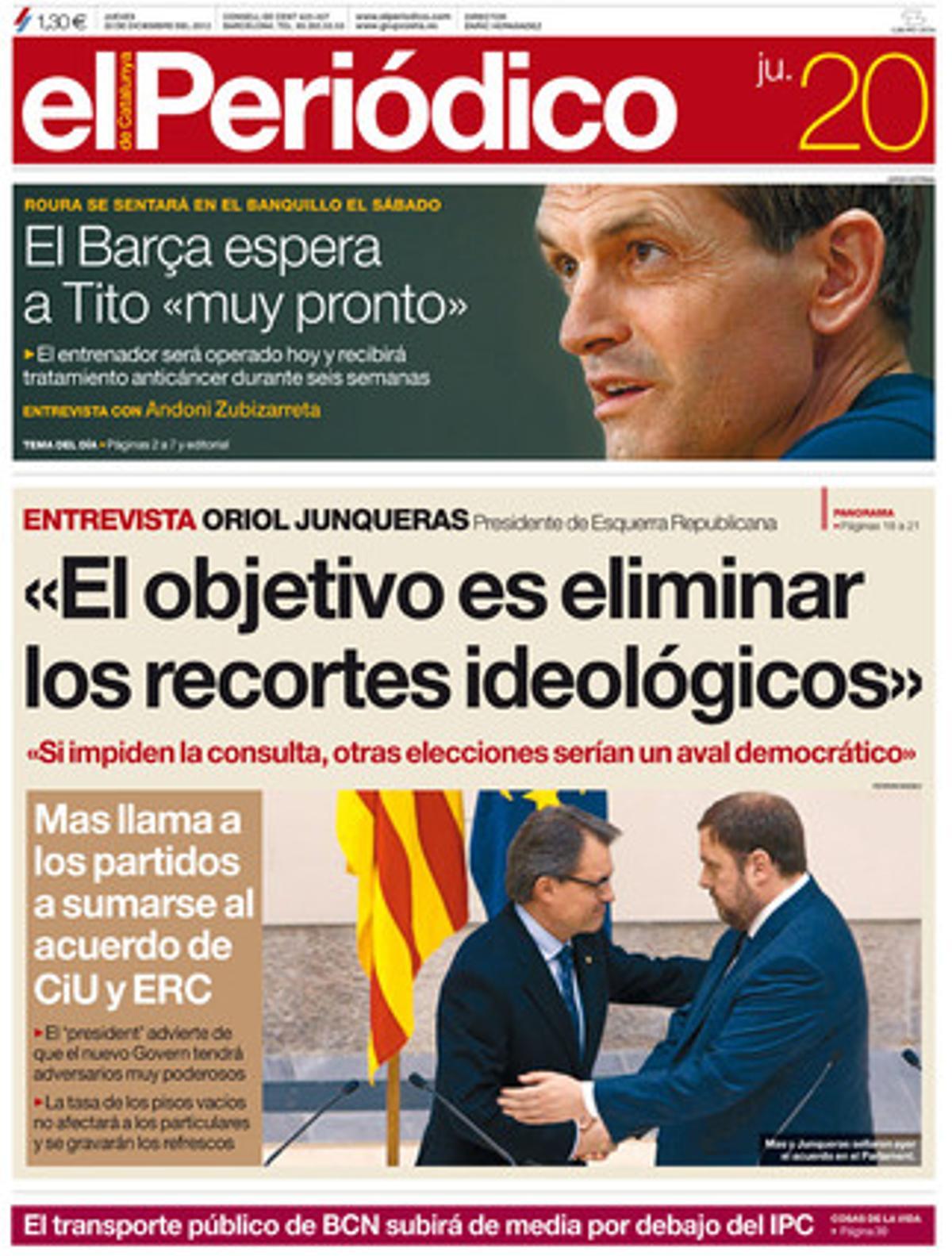 La portada de EL PERIÓDICO (20-12-2012).