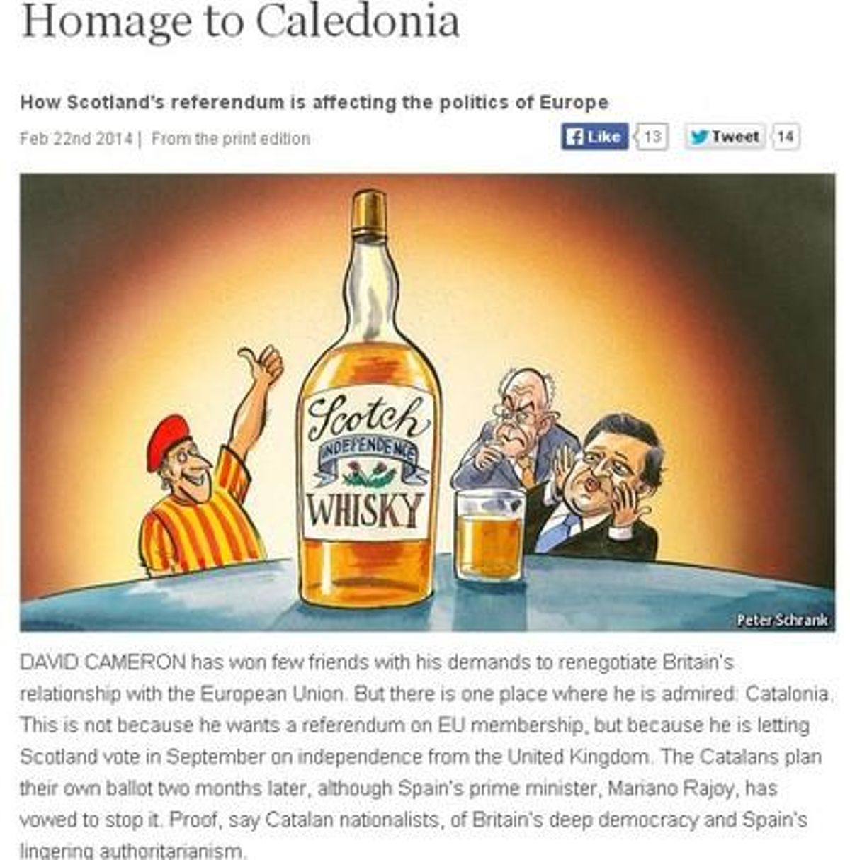 Viñeta de ’The Economist’ alusiva a los procesos de independencia de Catalunya y Escocia y al papel de la UE. Viñeta de ’The Economist’ alusiva a los procesos de independencia de Catalunya y Escocia y al papel de la UE.