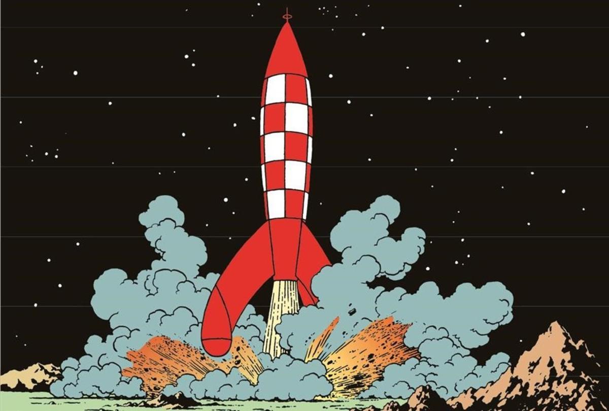 Una viñeta de ’Aterrizaje en la Luna’, con el icónico cohete ajedrezado inspirado en los misiles V2 diseñados por Wernher von Braun para el nazismo.