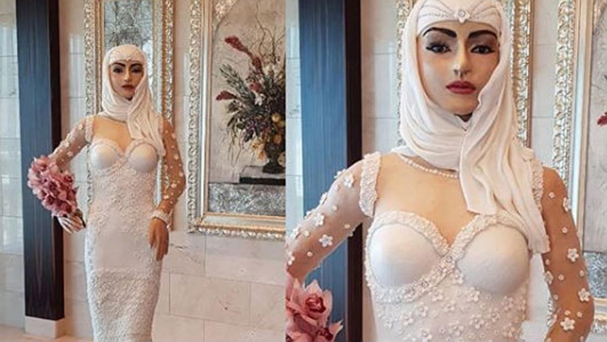 El pastel a tamaño natural de una novia árabe que se ha presentado en el salón The Bride Show, en Dubái.