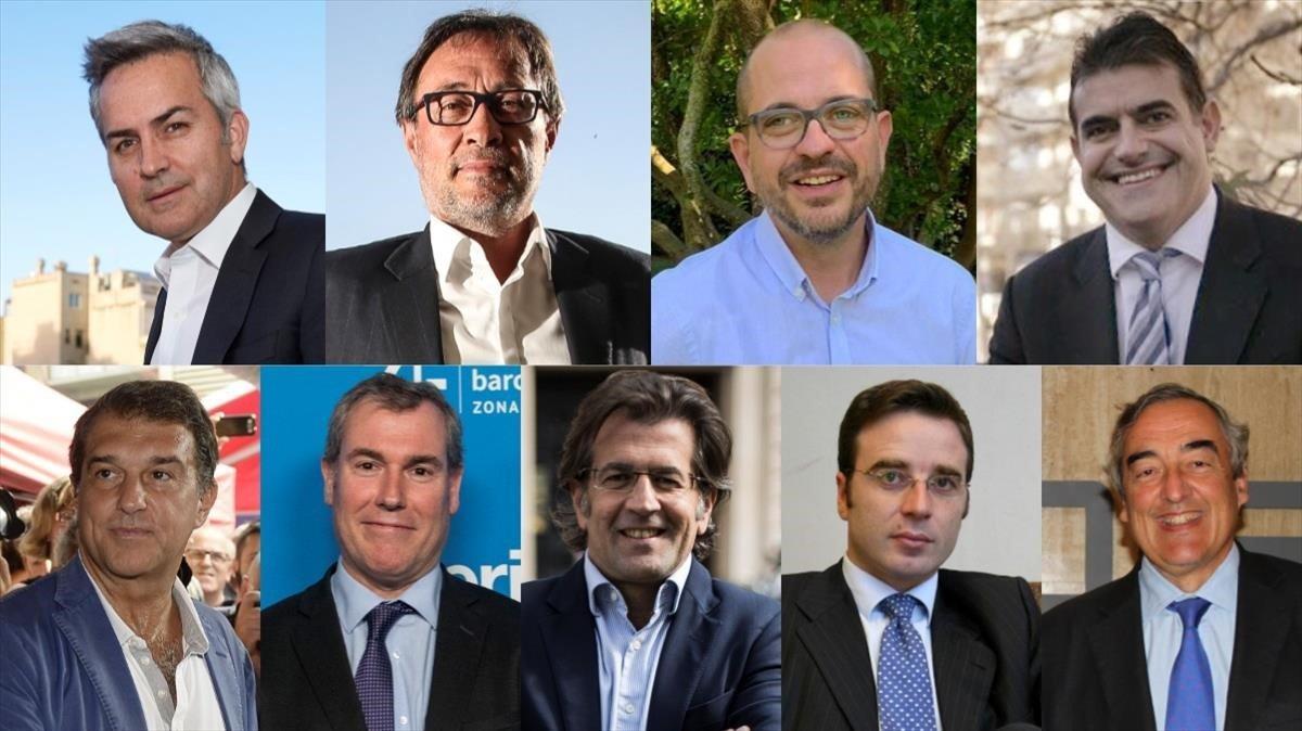 Los precandidatos a la presidencia del Barça. De izquierda a derecha y arriba a abajo: Victor Font  Agusti Benedito, Jordi Farré y Lluis Fernández Ala; Joan Laporta, Emilio Rousaud, Toni Freixa, Jordi Roche y Juan Rosell.