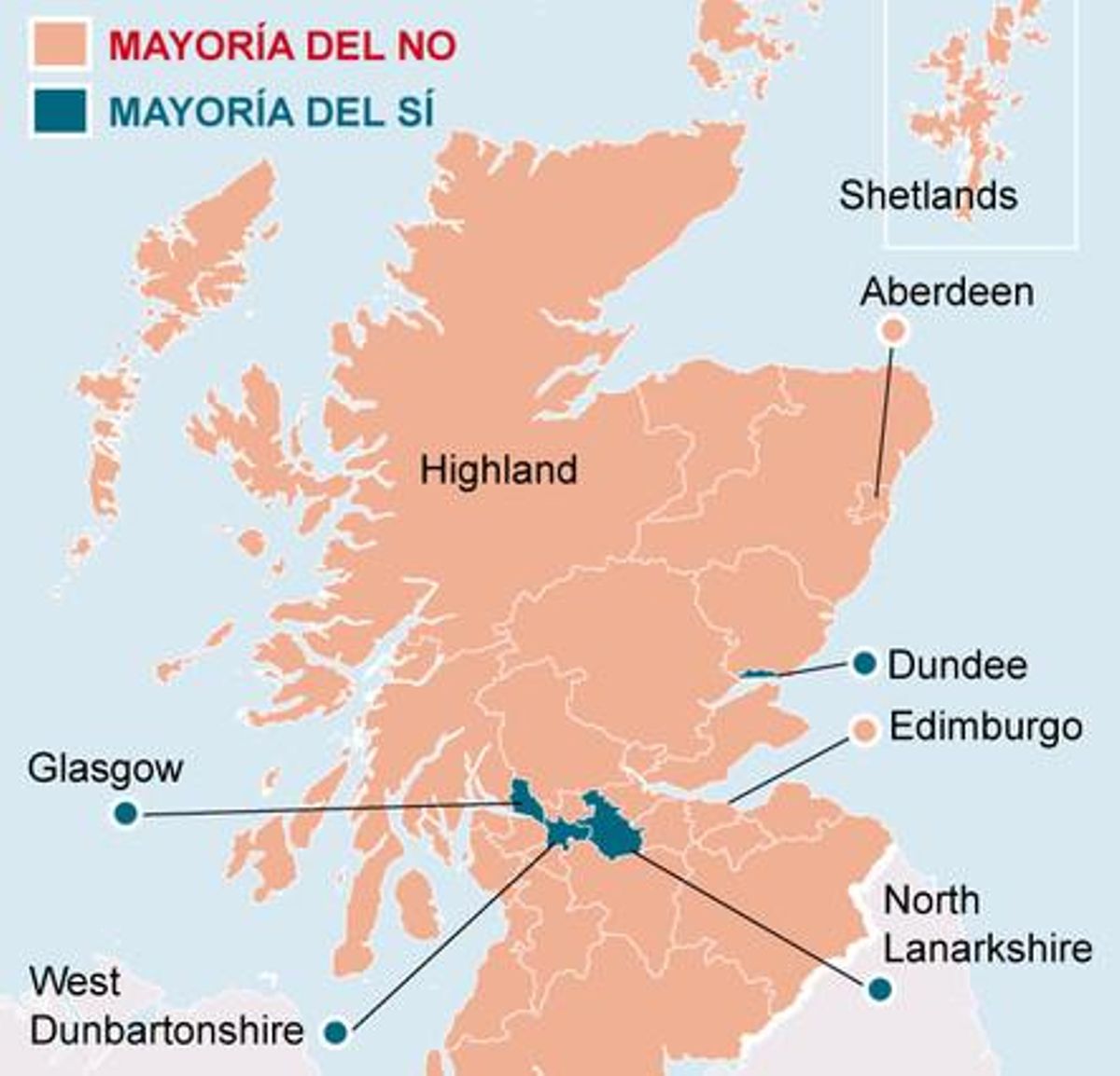 Mapa de los resultados del referéndum de independencia de Escocia Mapa de los resultados del referéndum de independencia de Escocia