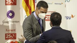 Los presidentes Pedro Sánchez y Pere Aragonès, en un acto de Foment del Treball en Barcelona