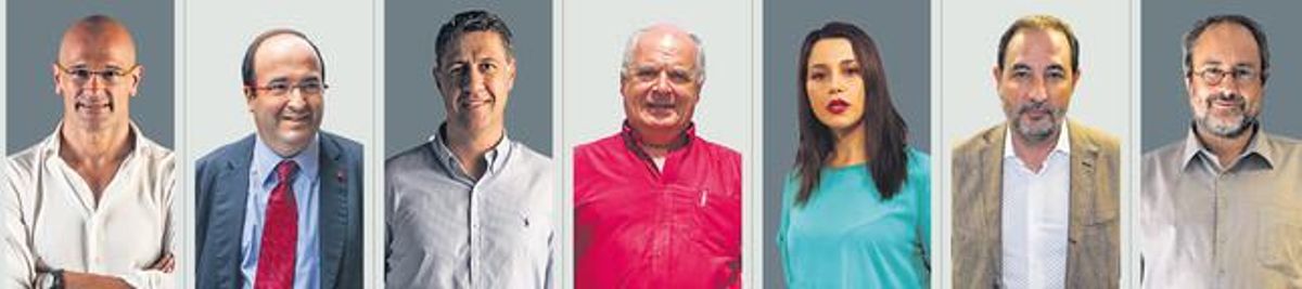 De izquierda a derecha, los candidatos al 27-S Raül Romeva (Junts pel Sí), Miquel Iceta (PSC), Xavier García Albiol (PPC), Lluís Rabell (Sí que es Pot), Inés Arrimadas (Ciutadans), Ramon Espadaler (UDC) y Antonio Baños (CUP). De izquierda a derecha, los candidatos al 27-S Raül Romeva (Junts pel Sí), Miquel Iceta (PSC), Xavier García Albiol (PPC), Lluís Rabell (Sí que es Pot), Inés Arrimadas (Ciutadans), Ramon Espadaler (UDC) y Antonio Baños (CUP).