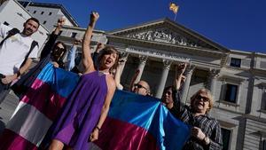 Imagen de archivo de una protesta de activistas y madres de menores trans en el Congreso de los Diputados.
