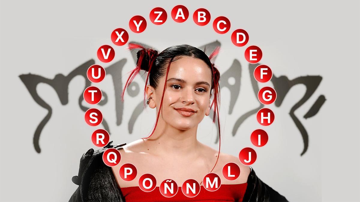 Fotomontaje de Rosalía con un abecedario a su alrededor