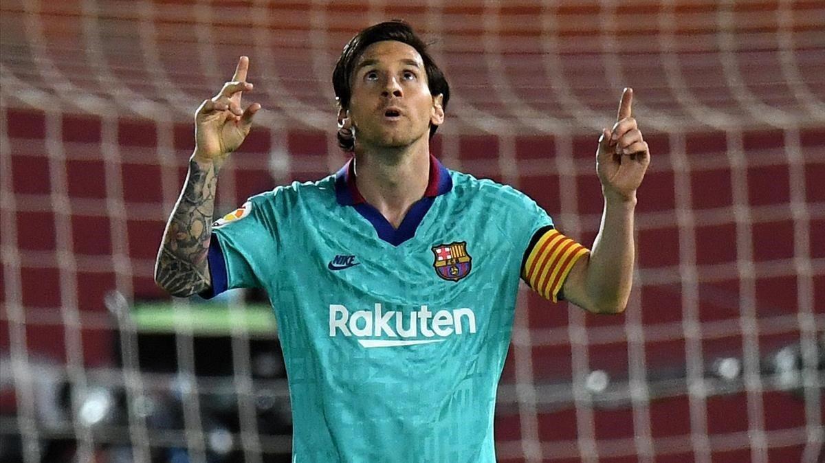 Messi festeja su gol en Mallorca, el 0-4 del Barça.