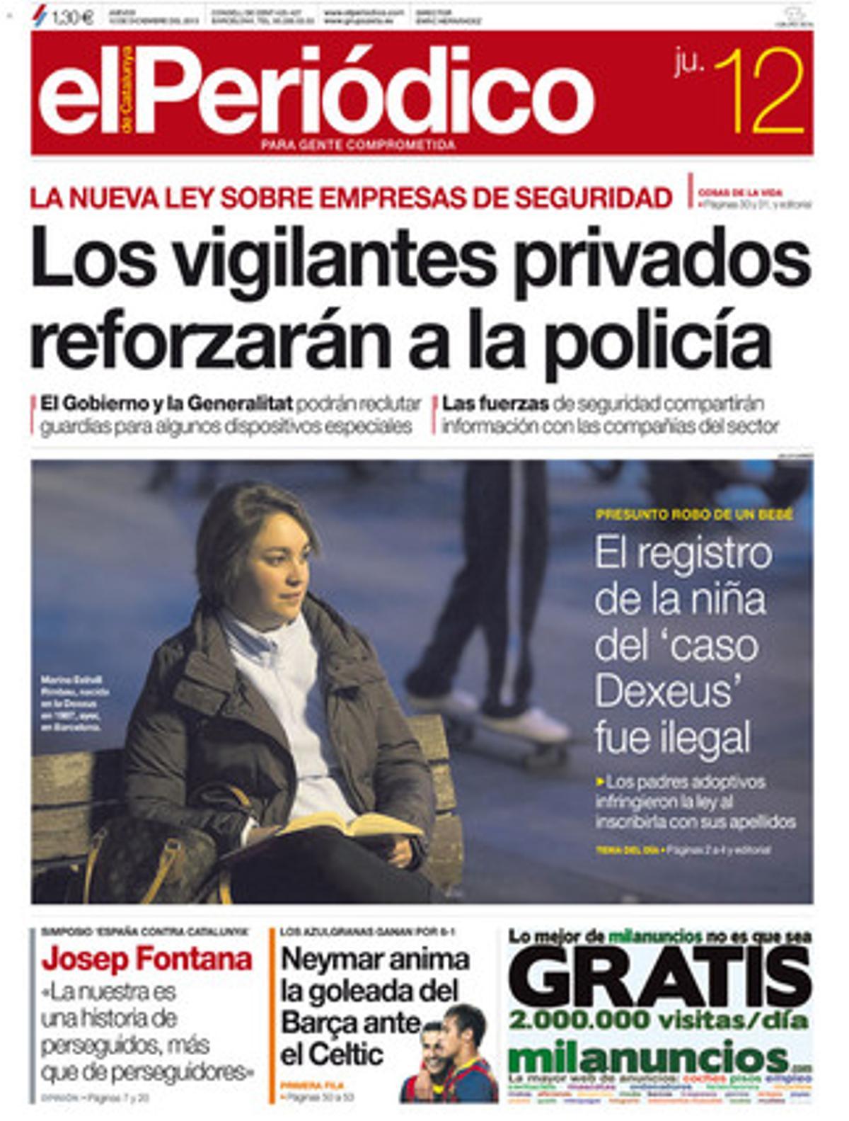 La portada de EL PERIÓDICO (12-12-2013).