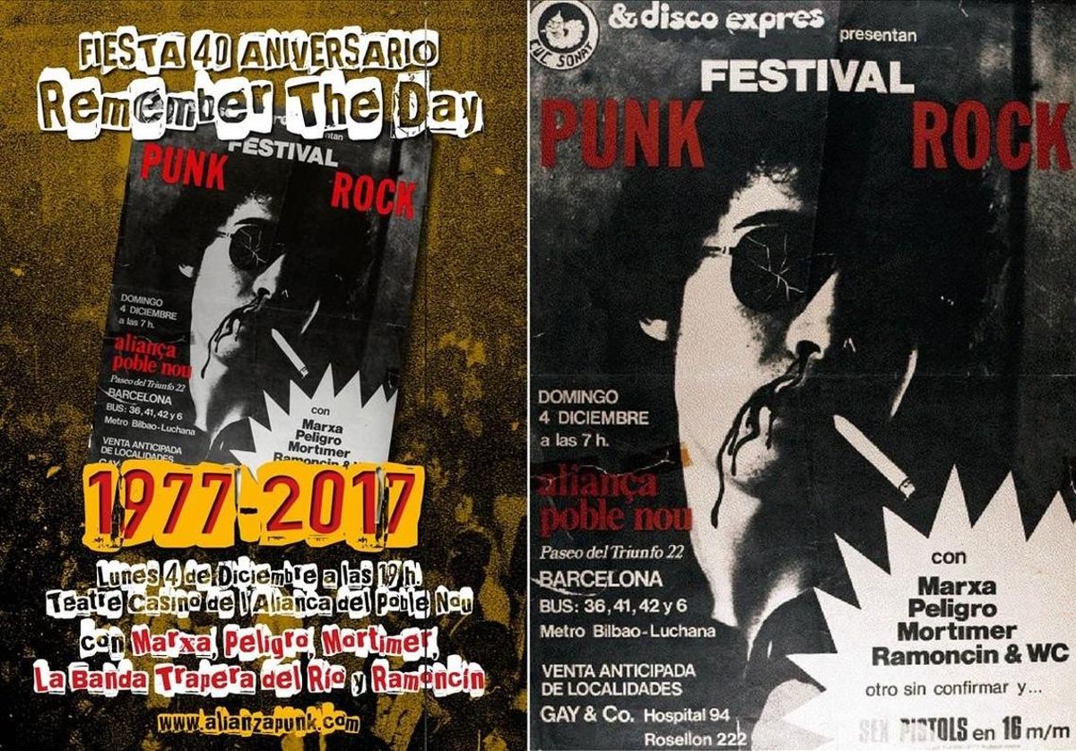 Los carteles de la edición del 2017 y de 1977 del Festival Punk Rock de la Aliança del Poblenou. Los carteles de la edición del 2017 y de 1977 del Festival Punk Rock de la Aliança del Poblenou.