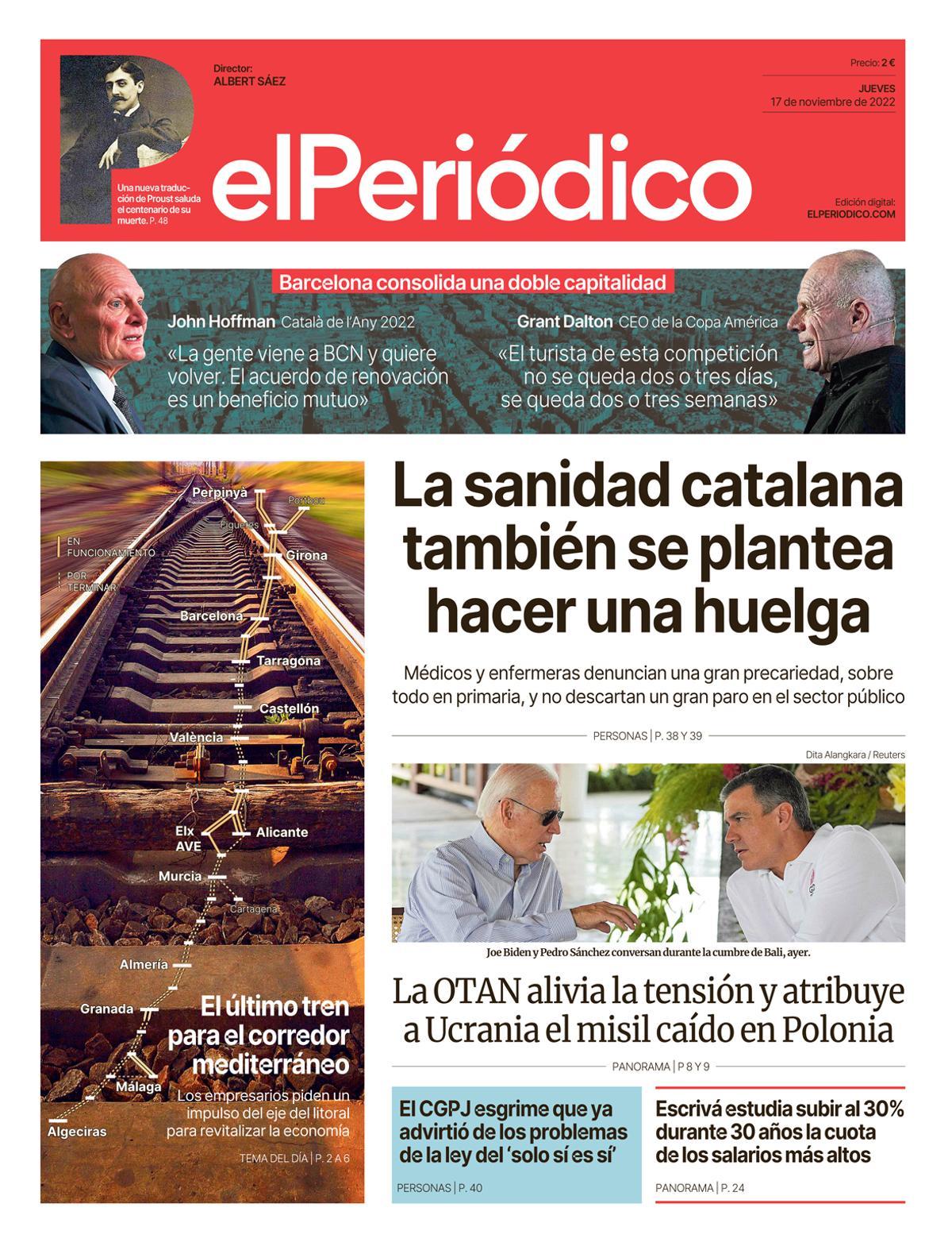La portada d’EL PERIÓDICO del 17 de novembre del 2022