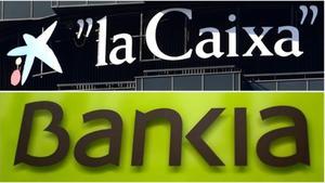 Combo de los logos de  La Caixa  y Bankia por la fusion de los bancos.