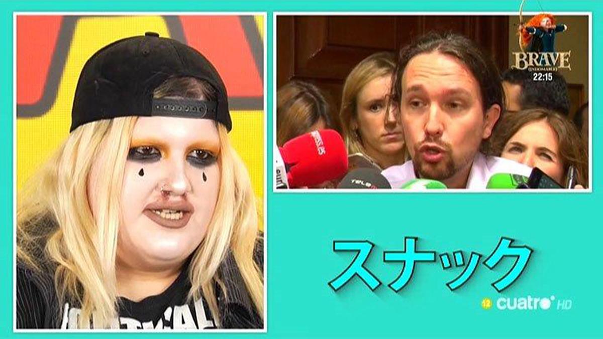 La youtuber Soyunapringada pespunteando a Pablo Iglesias, en el programa ’Snack de tele’ (Cuatro).