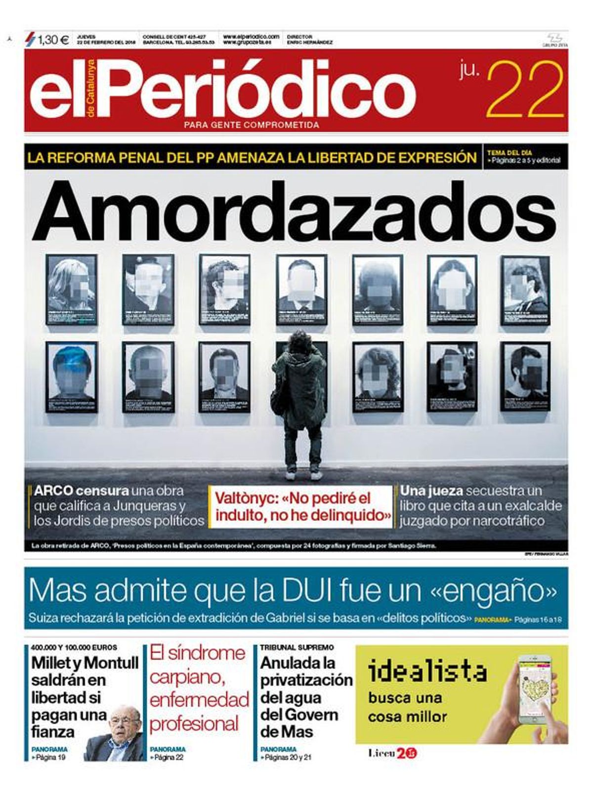 La portada de EL PERIÓDICO del 22 de febrero del 2018 La portada de EL PERIÓDICO del 22 de febrero del 2018