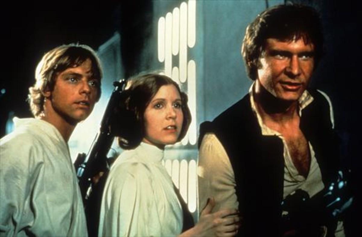 Los actores Mark Hamill, Carrie Fisher y Harrison Ford como Luke Skywalker, princesa Leia y Han Solo.
