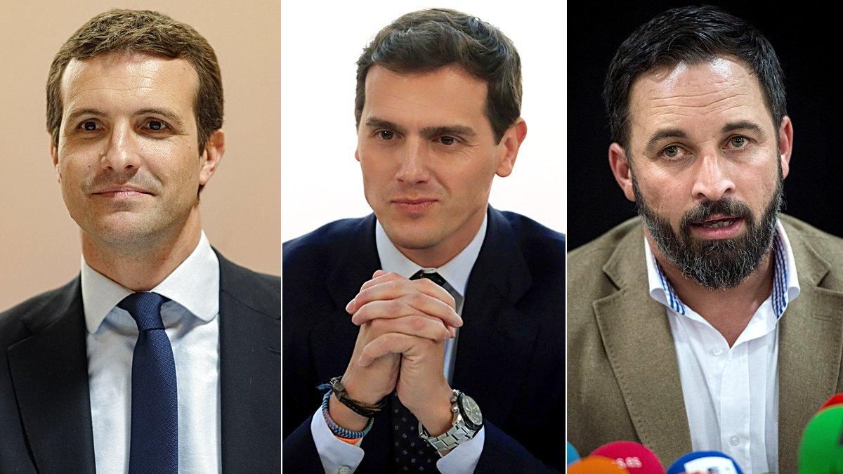 Pablo Casado (PP), Albert Rivera (Ciudadanos) y Santiago Abascal (Vox). Pablo Casado (PP), Albert Rivera (Ciudadanos) y Santiago Abascal (Vox).