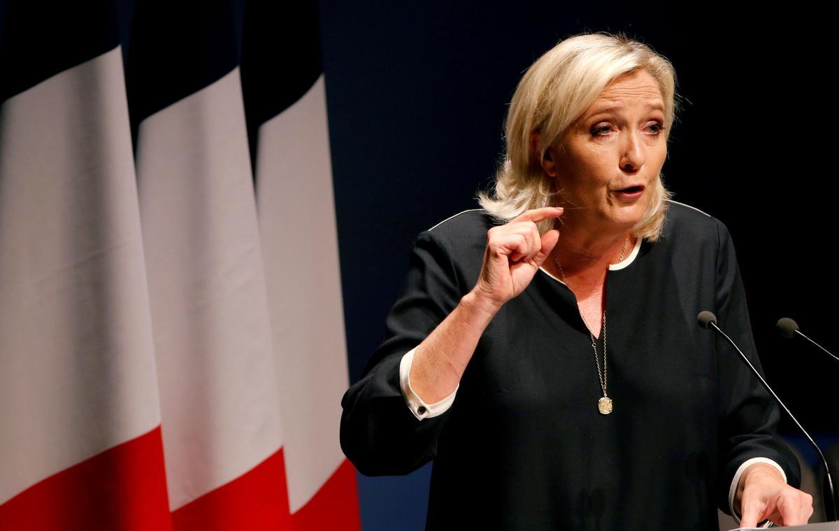 FILE PHOTO: France’s far-right leader Marine Le Pen delivers a speech for the next year’s municipal elections in an end-summer annual address to partisans in Frejus
