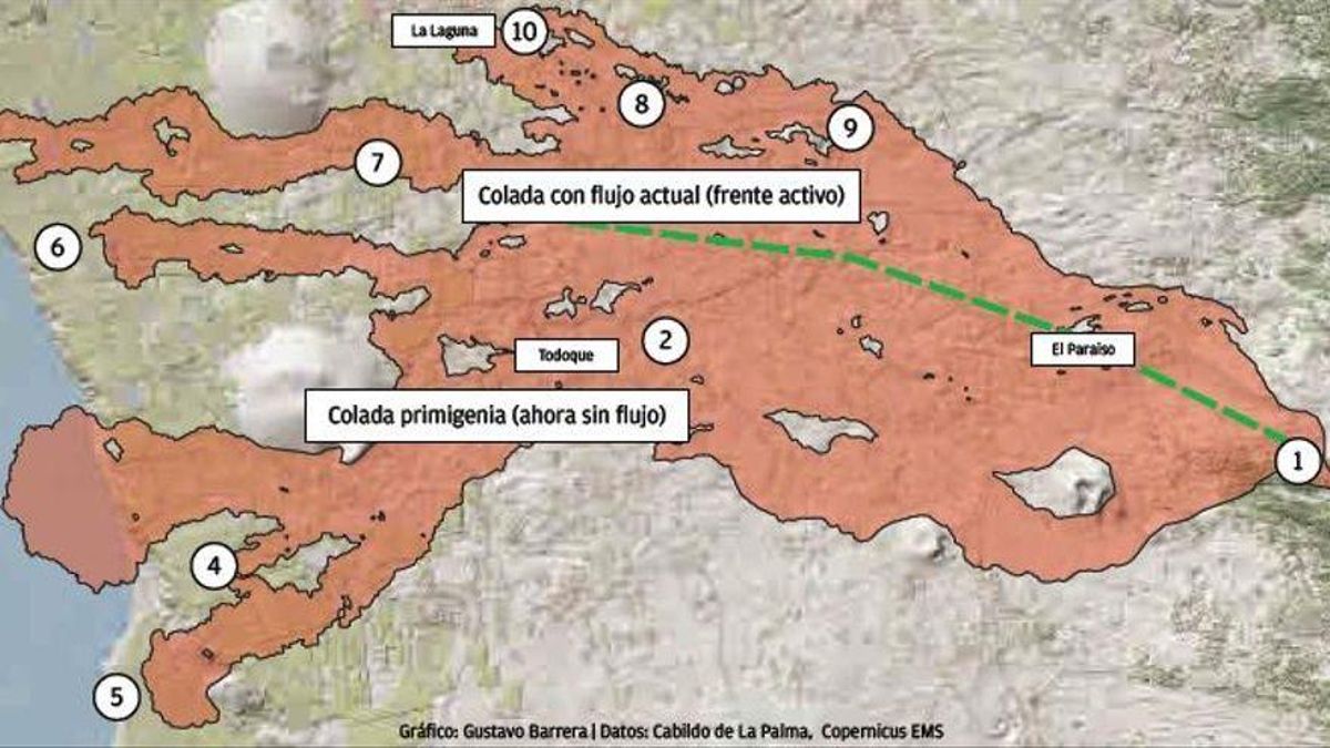 Mapa en el que se muestran las diez coladas del volcán de La Palma. Mapa en el que se muestran las diez coladas del volcán de La Palma.