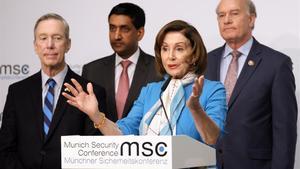 La portavoz de la Cámara de Representantes de EEUU, Nancy Peloosi, en la conferencia de Munich.