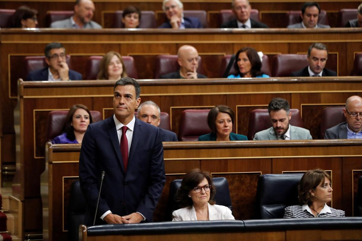 GRAF753. MADRID, 12/09/2018.- El presidente del Gobierno, Pedro Sánchez, durante su intervención en la sesión de control al Gobierno hoy en el Congreso. EFE/Juan Carlos Hidalgo