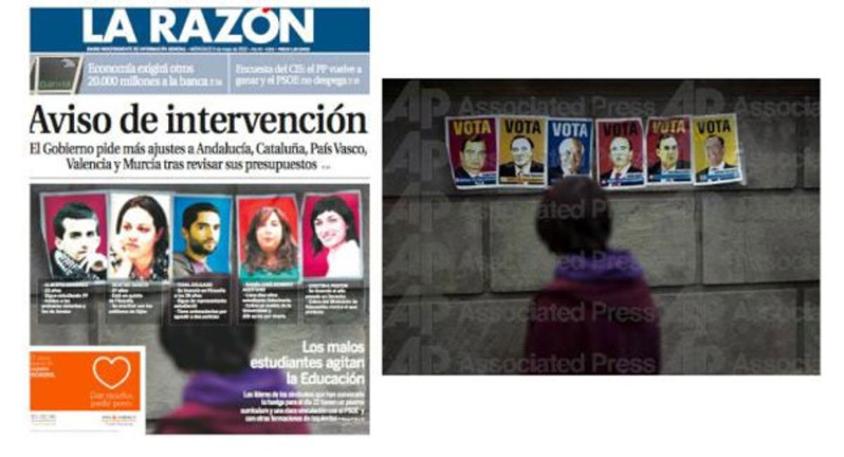 La portada de ’La Razón’, junto a la foto original, en una imagen publicada por Emilio Morenatti en su Twitter.