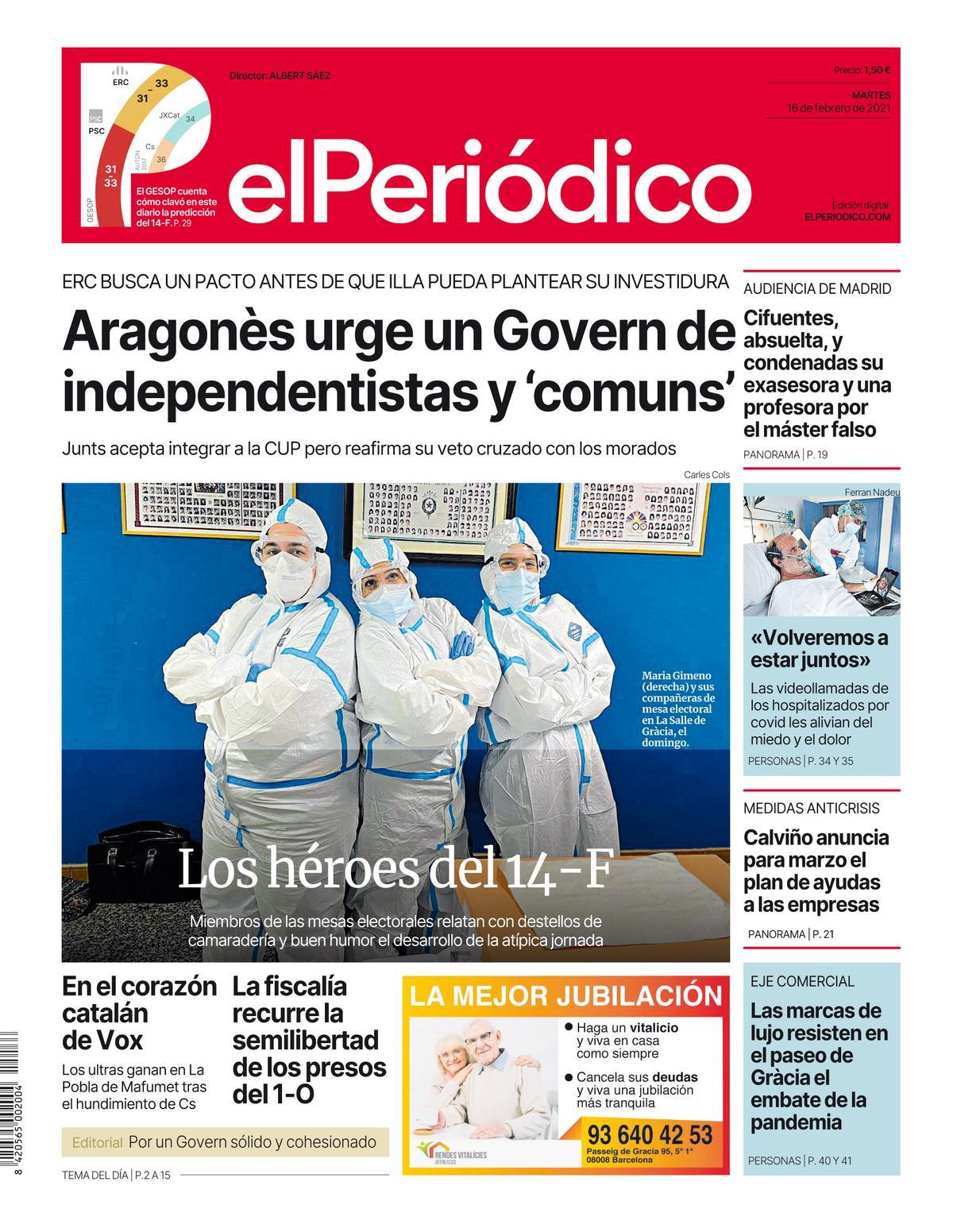 La portada de EL PERIÓDICO del 16 de febrero de 2021