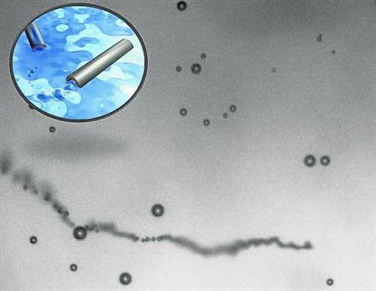 Microtubos autopropulsados se mueven en una solución de peróxido. Microtubos autopropulsados se mueven en una solución de peróxido.