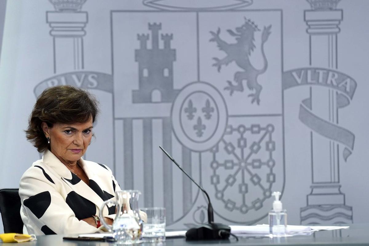 La vicepresidenta primera del Gobierno, Carmen Calvo, el pasado 15 de septiembre en la rueda de prensa posterior al Consejo de Ministros, en la Moncloa. 