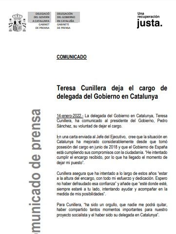 Comunicado de Teresa Cunillera de renuncia al cargo de delegada del Gobierno en Catalunya (14 de enero de 2022)