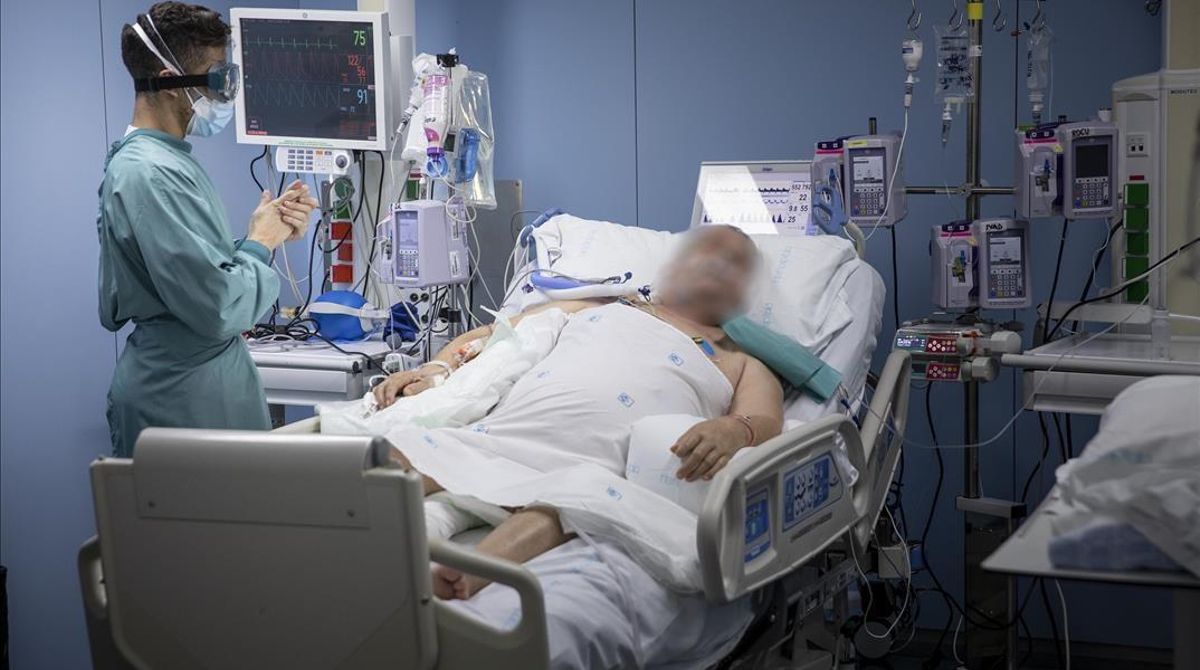 Un paciente en la UCI de enfermos de coronavirus del Hospital de Sant Pau. Un paciente en la UCI de enfermos de coronavirus del Hospital de Sant Pau.
