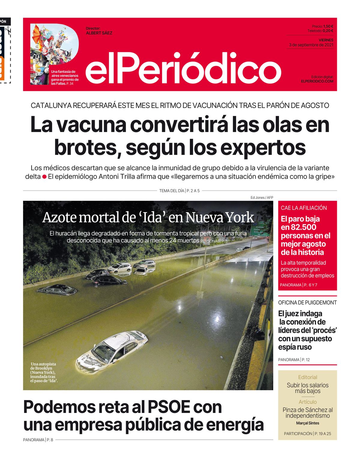 La portada de EL PERIÓDICO del 3 de septiembre de 2021 La portada de EL PERIÓDICO del 3 de septiembre de 2021