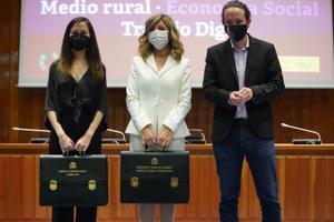La vicepresidenta tercera y ministra de Trabajo, Yolanda Díaz; la ministra de Derechos Sociales y Agenda 2030, Ione Belarra, y el exlíder de Podemos, Pablo Iglesias