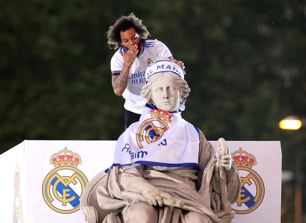 Marcelo, en la celebración del título de Liga del Madrid en Cibeles