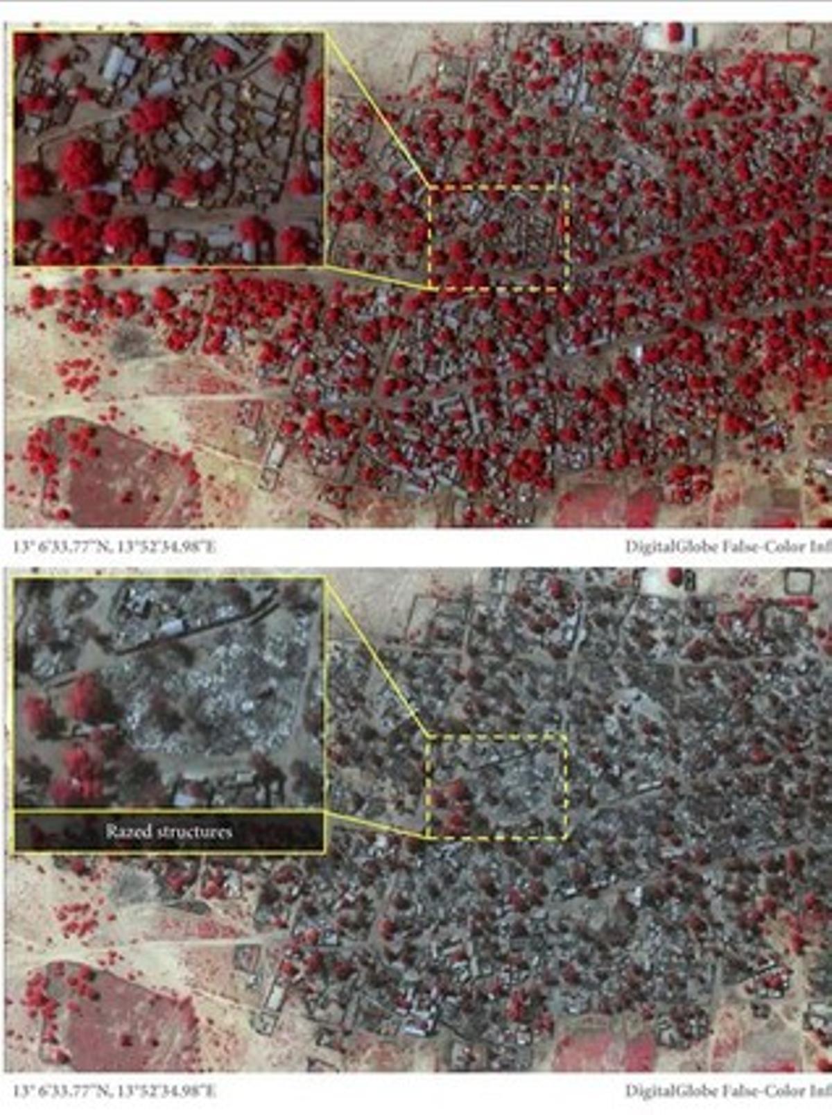 Combo de fotografías por satélite de DigitalGlobal de antes y después del ataque a Baga. Las zonas rojas muestran la vegetación sana.