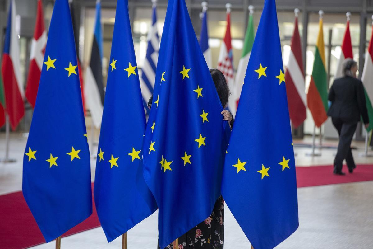 Banderas de la Unión Europea en un acto en Bruselas.
