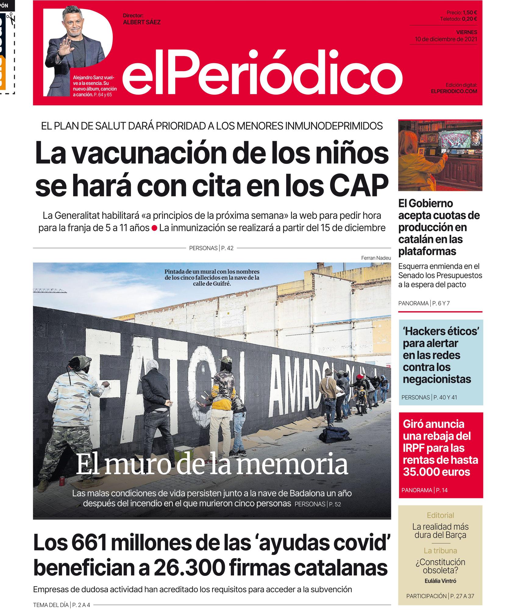 La Portada De EL PERIÓDICO Del 10 De Diciembre De 2021